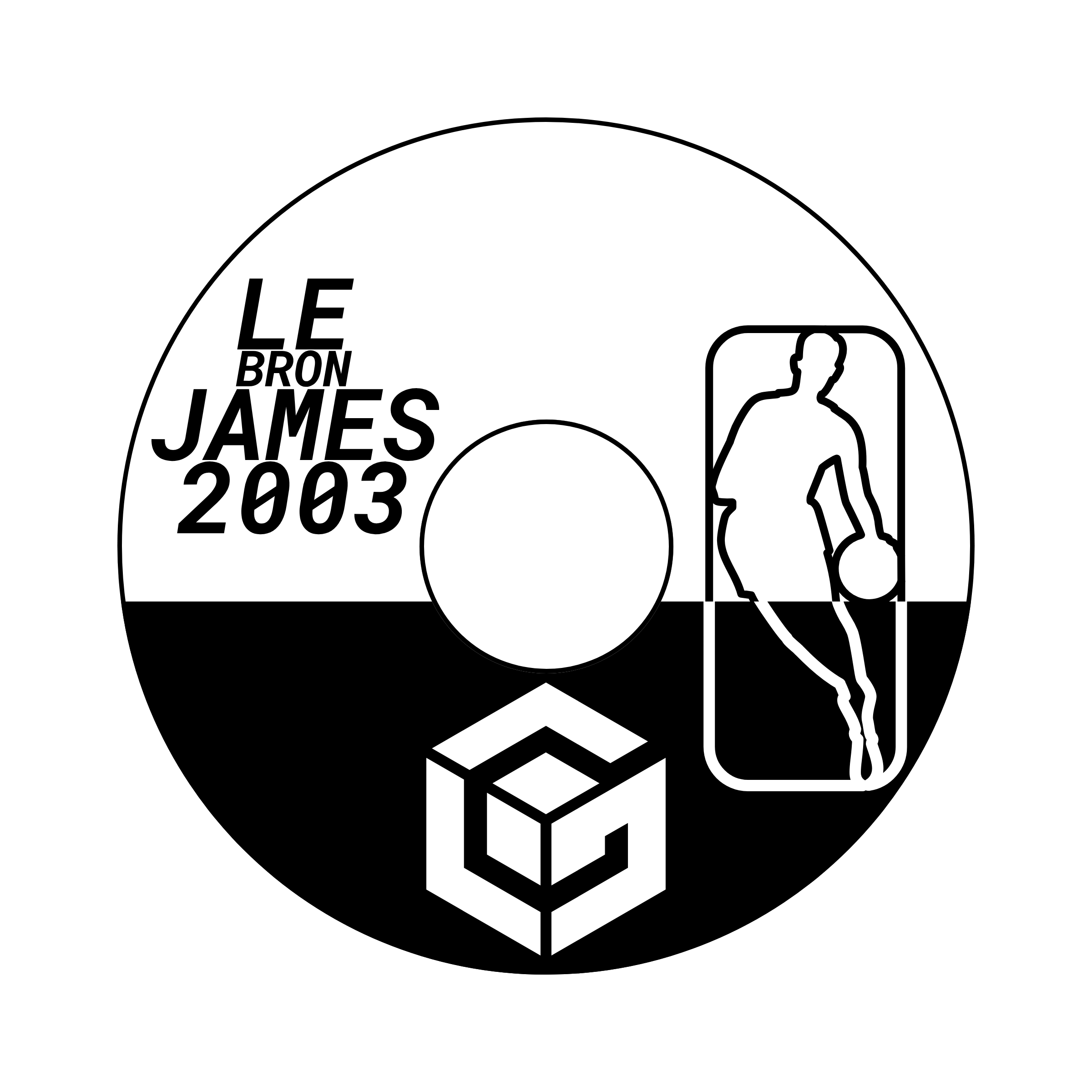 A Game Cube Disk with the text: 'LeBron James 2003' and 2 logos: the nba logo, and the gamecube logo; all assembled in penpot.app